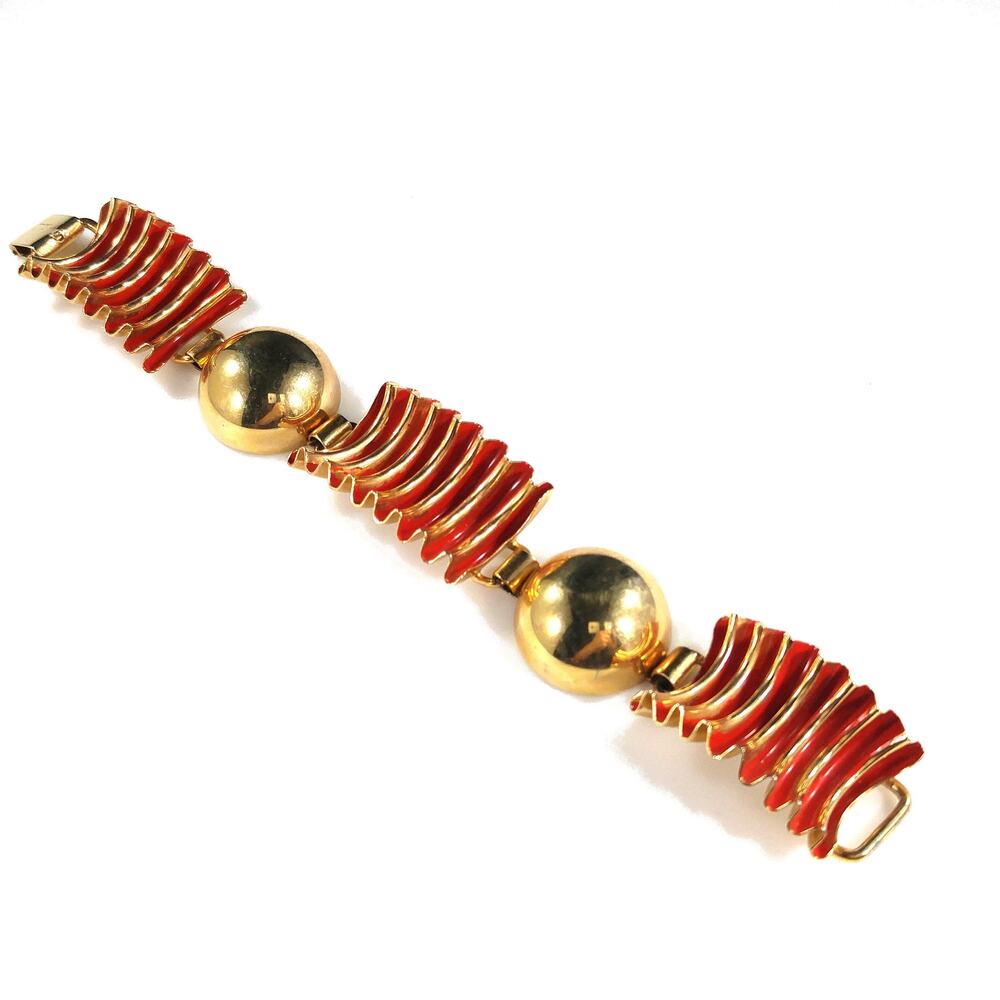 Red Enamel Ribbon Bracelet, Mid Century Modern, Gold Plate 1950s Vintage Jewelry